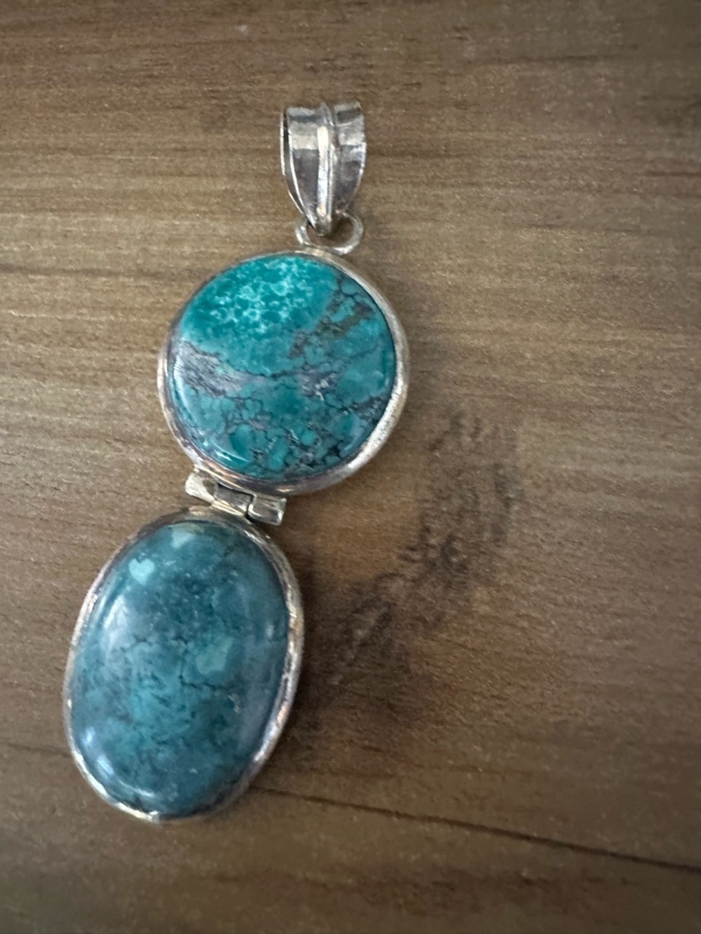 Vintage Turquoise Double Stone Pendant Necklace - Blue Green Sterling-Style - Picture 9 of 9